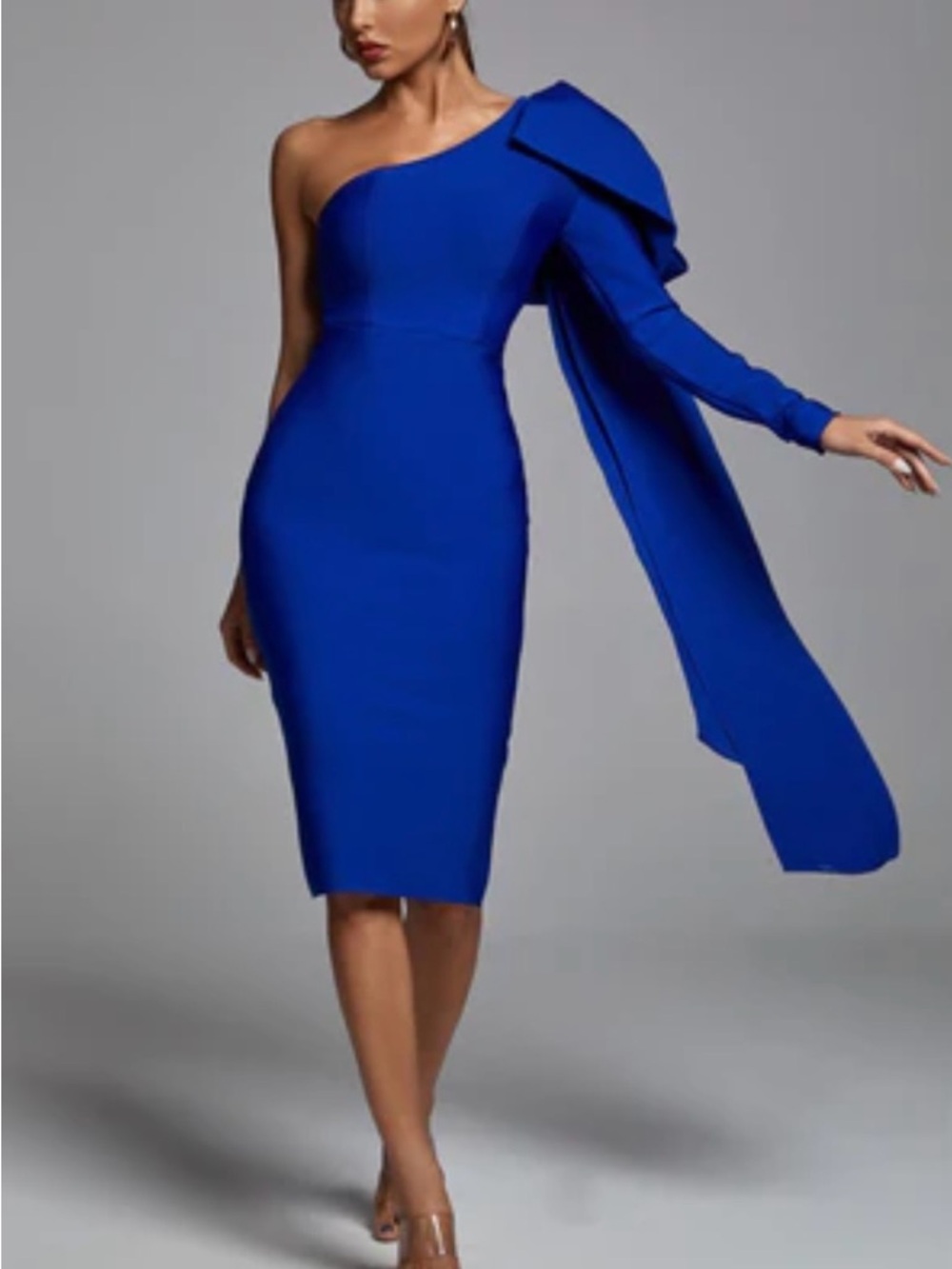 One-Shoulder Cobalt Sheath Dress with Draped Sleeve